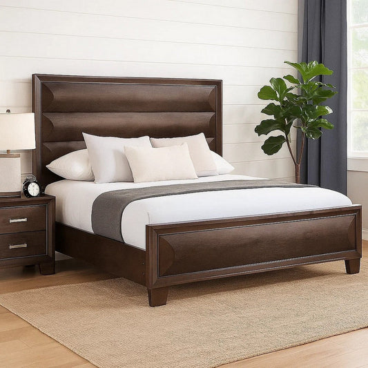 Nitz Queen Bed | Paneled Headboard with Beveled Fronts | Espresso Brown Wood