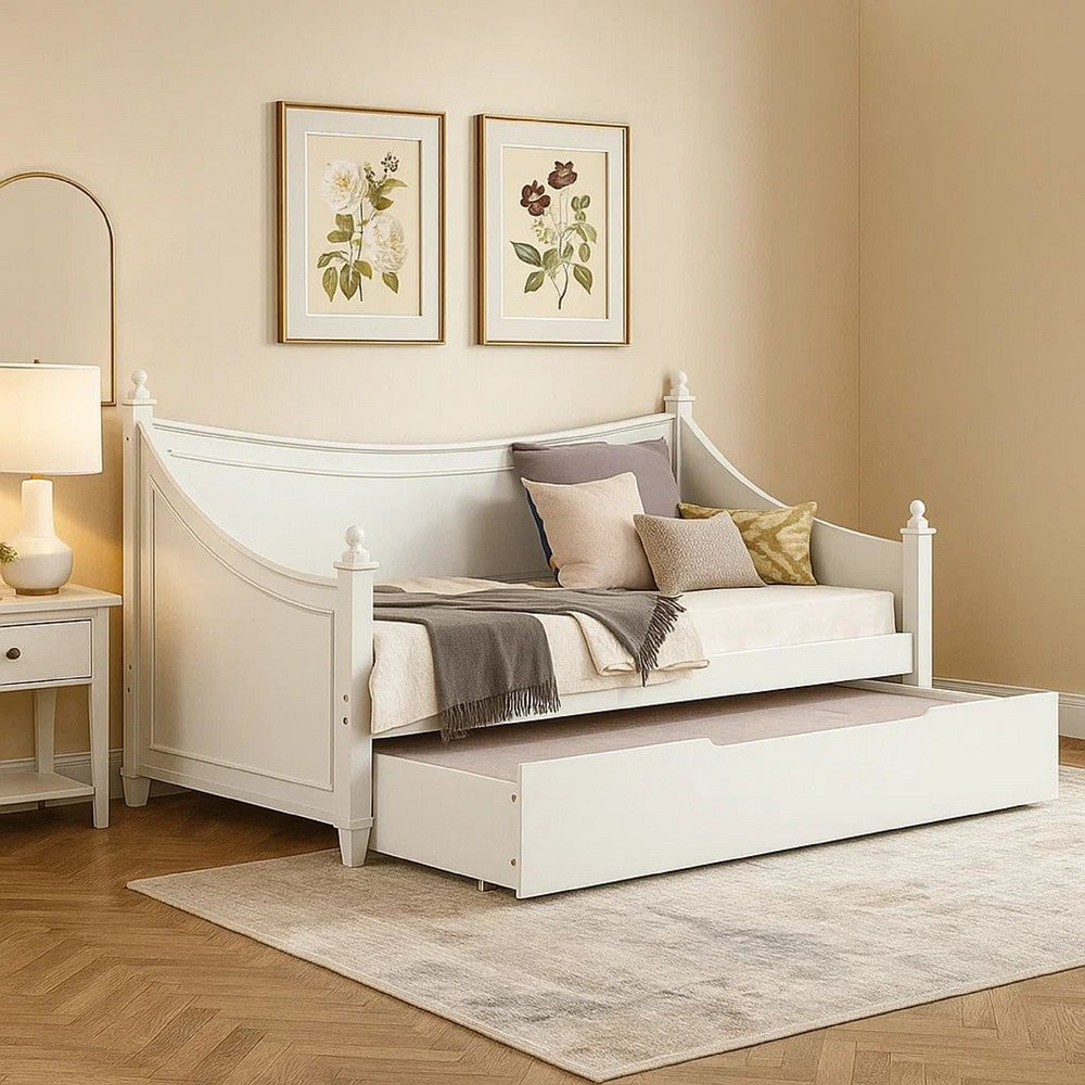 Kiki Twin Size Daybed w Trundle | Molded Details White Solid Wood