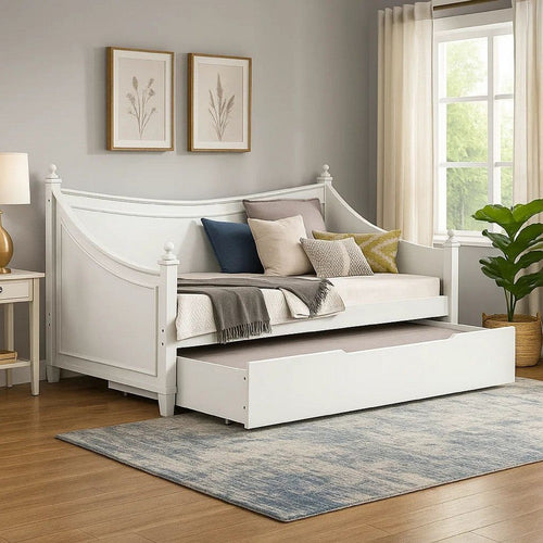 Kiki Twin Size Daybed w Trundle | Molded Details White Solid Wood