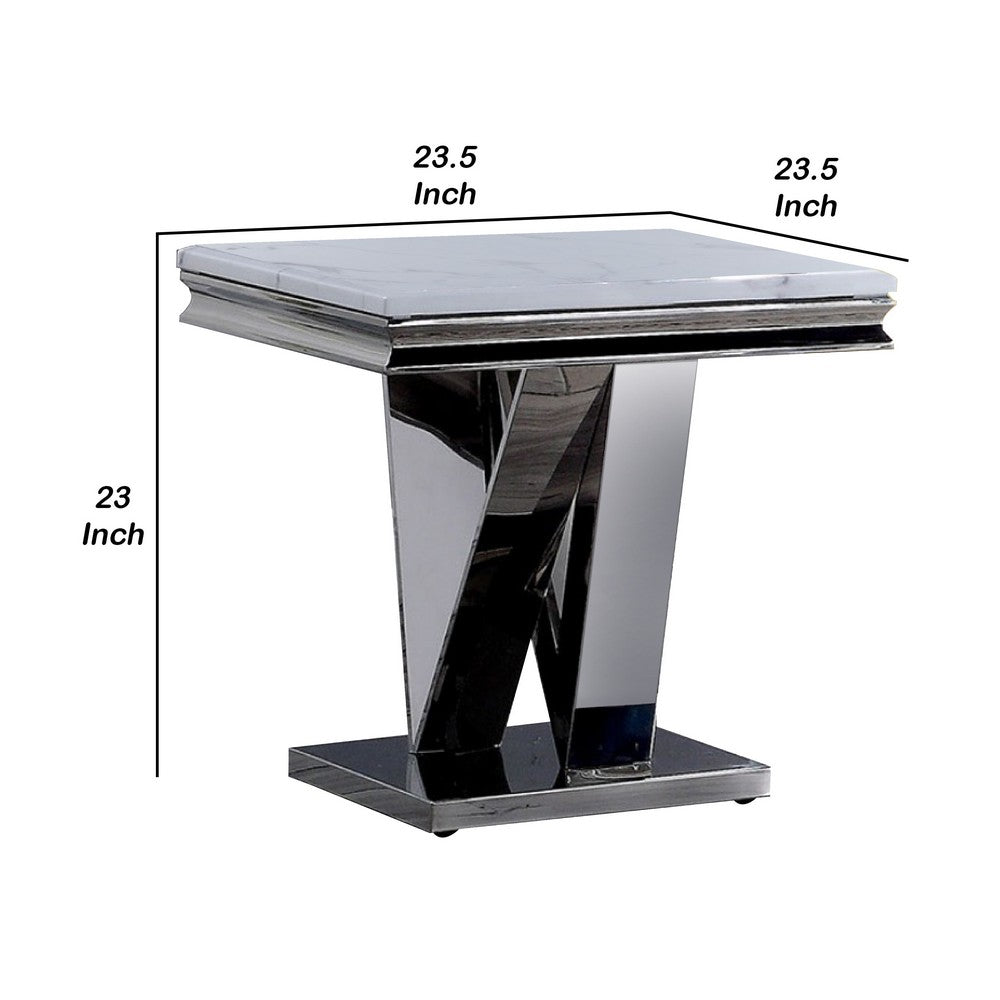 Vily Side End Table | 24" Faux Marble Top | V-Style Chrome Pedestal