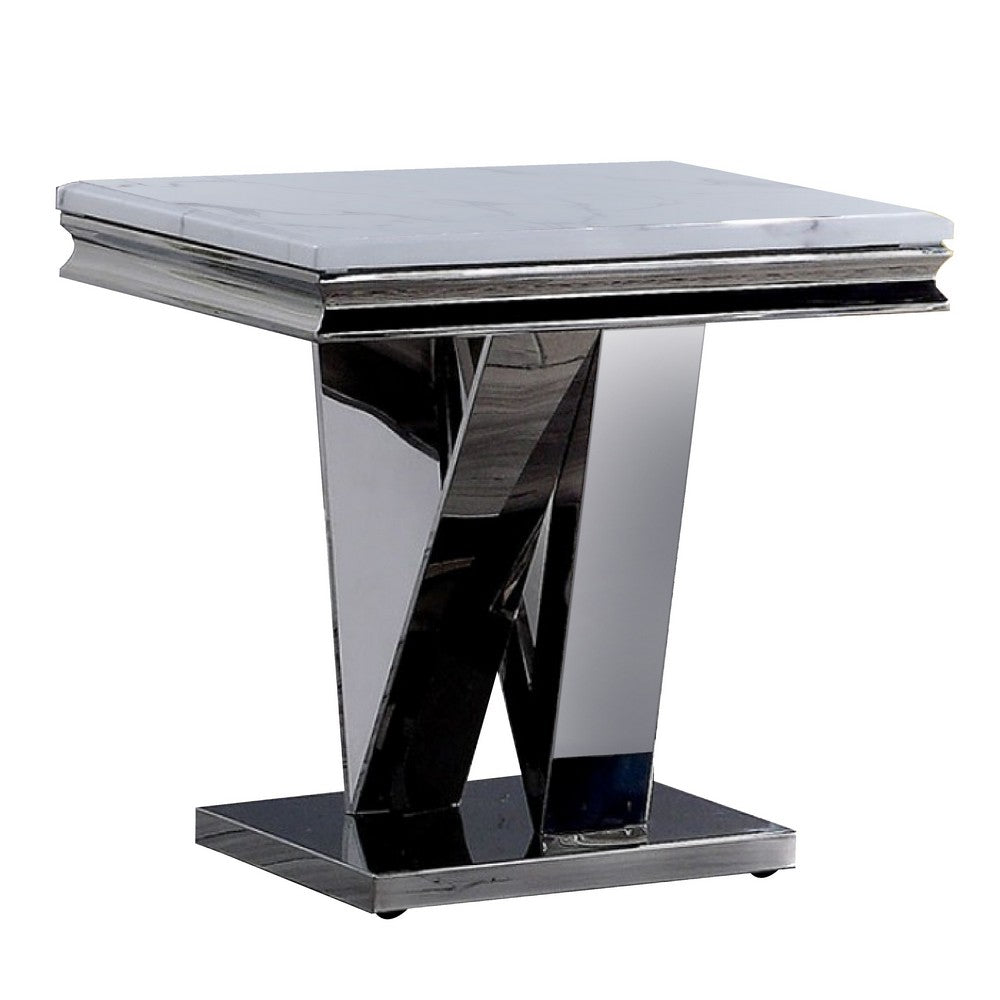 Vily Side End Table | 24" Faux Marble Top | V-Style Chrome Pedestal