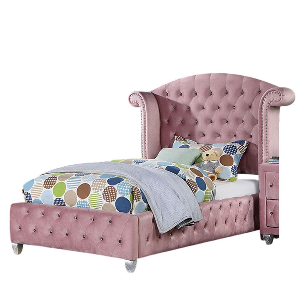 Zoha Twin Size Bed w Wingback Tufted Headboard | Cabriole Legs | Pink BM342455