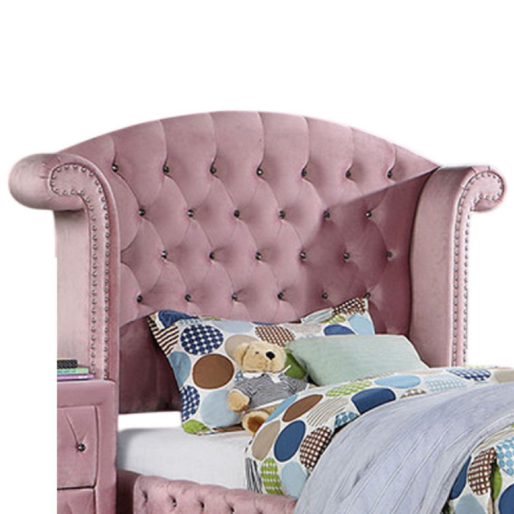 Zoha Twin Size Bed w Wingback Tufted Headboard | Cabriole Legs | Pink BM342455