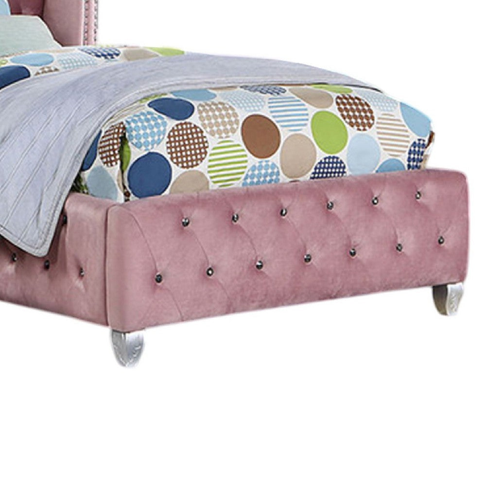 Zoha Twin Size Bed w Wingback Tufted Headboard | Cabriole Legs | Pink BM342455