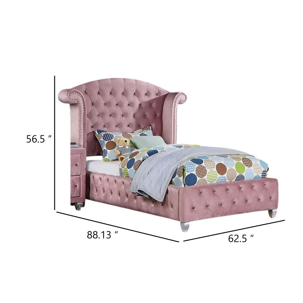 Zoha Twin Size Bed w Wingback Tufted Headboard | Cabriole Legs | Pink BM342455