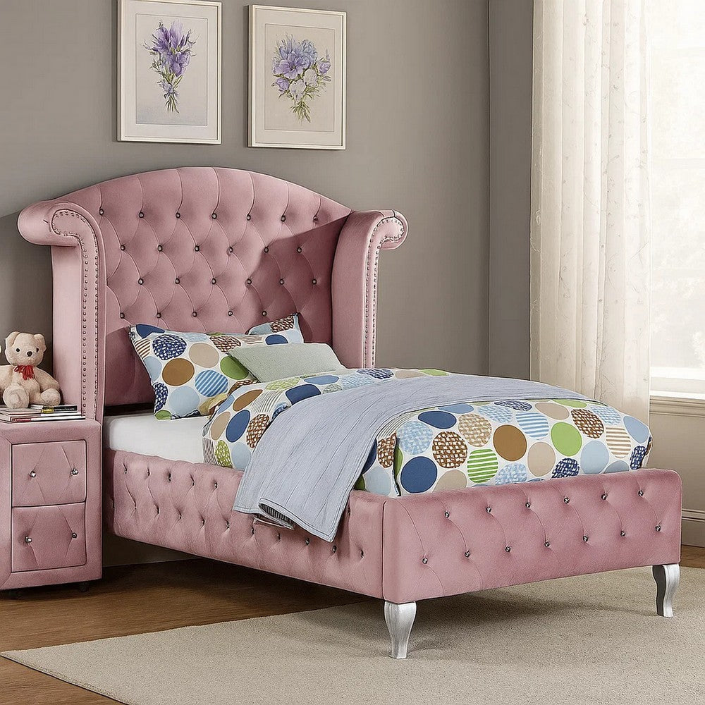 Zoha Twin Size Bed w Wingback Tufted Headboard | Cabriole Legs | Pink BM342455