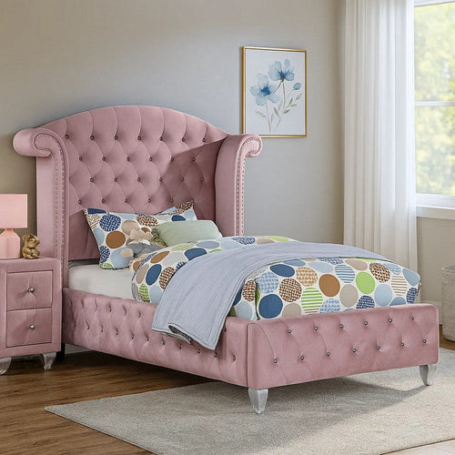 Zoha Twin Size Bed w Wingback Tufted Headboard | Cabriole Legs | Pink