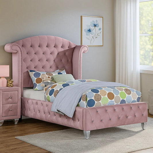 Zoha Twin Size Bed w Wingback Tufted Headboard | Cabriole Legs | Pink