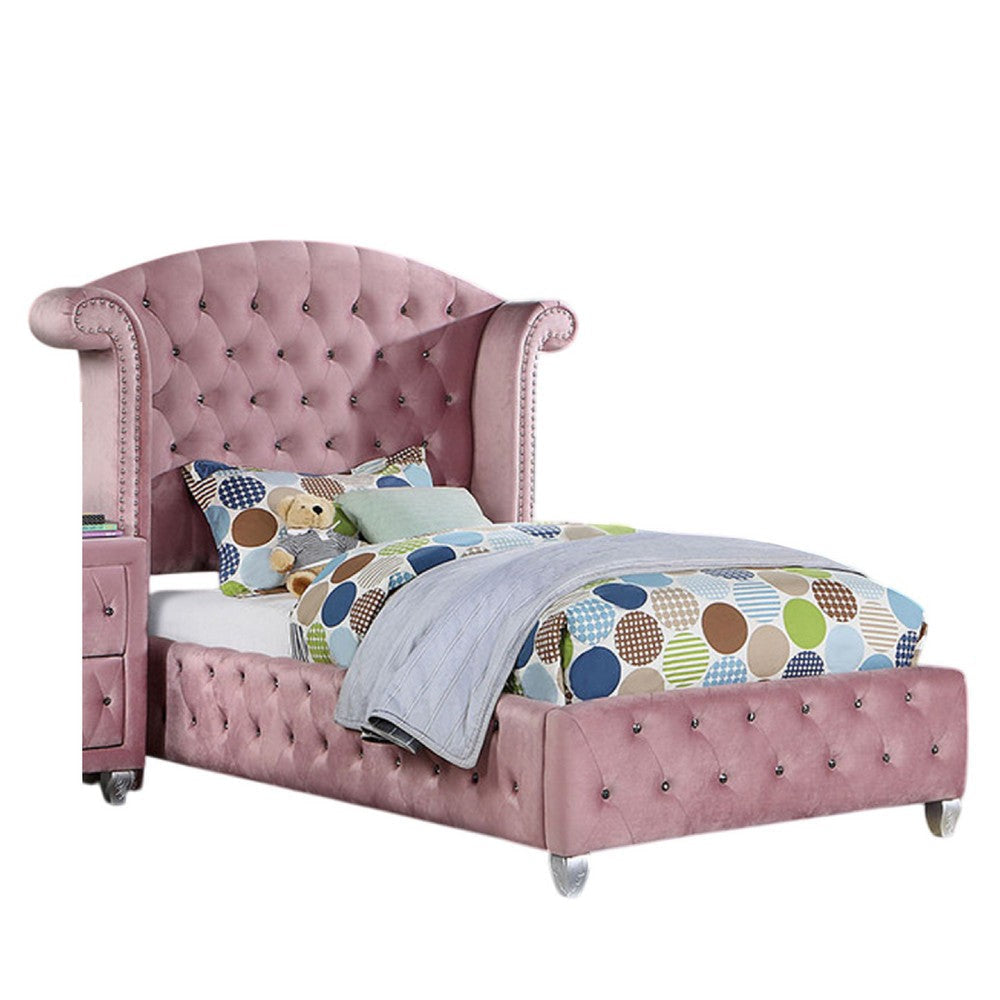 Zoha Twin Size Bed w Wingback Tufted Headboard | Cabriole Legs | Pink BM342455