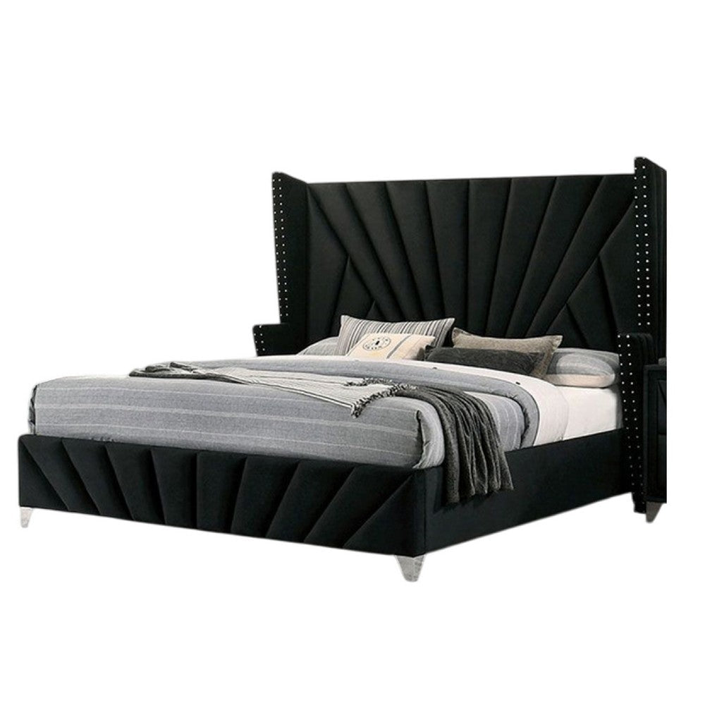 Ino Queen Size Bed w Wingback Headboard | Black Fabric Upholstery BM342457