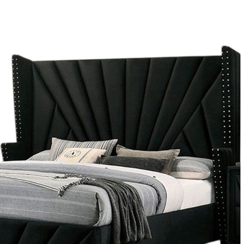 Ino Queen Size Bed w Wingback Headboard | Black Fabric Upholstery BM342457