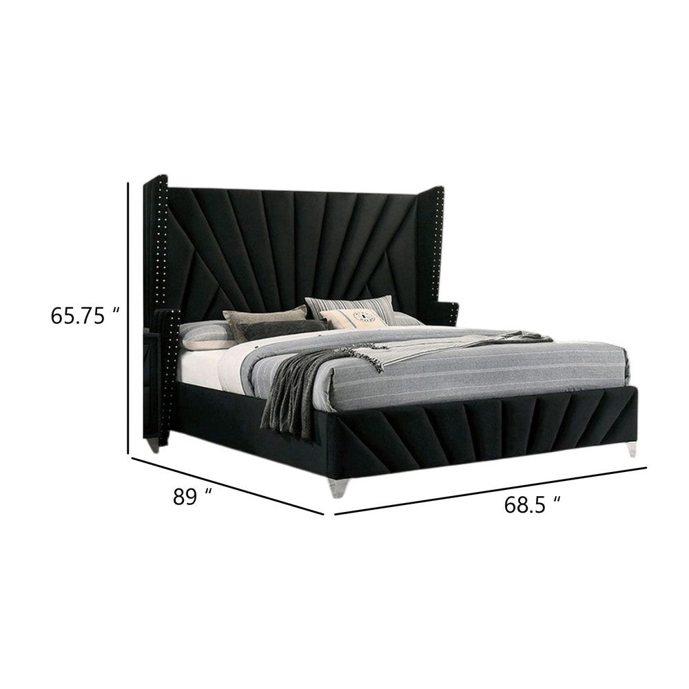 Ino Queen Size Bed w Wingback Headboard | Black Fabric Upholstery BM342457
