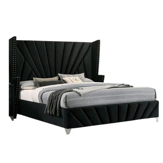 Ino Queen Size Bed w Wingback Headboard | Black Fabric Upholstery