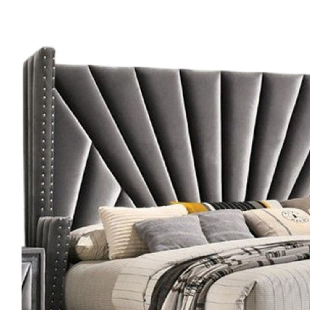 Ino Queen Size Bed w Wingback Headboard | Gray Fabric Upholstery BM342458