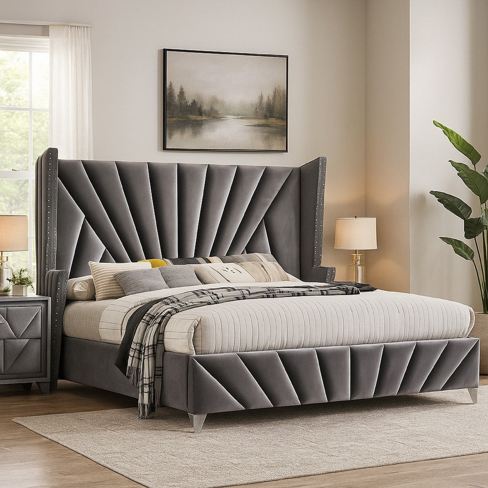 Ino Queen Size Bed w Wingback Headboard | Gray Fabric Upholstery BM342458