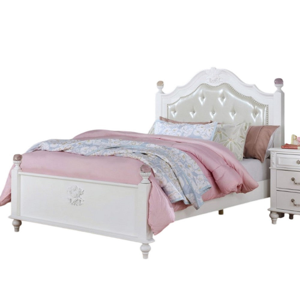 Bela Full Size Bed w Button Tufted Headboard | White Faux Leather BM342459