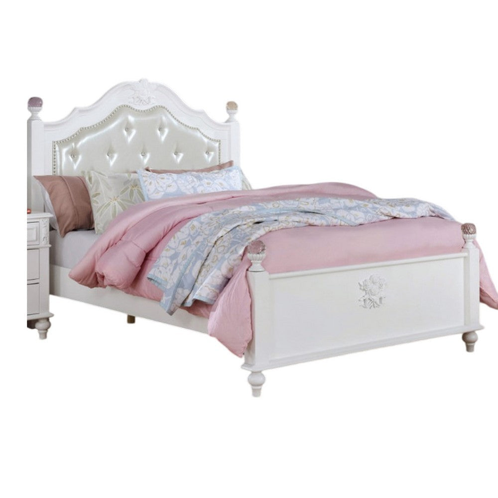 Bela Twin Size Bed w Button Tufted Headboard | White Faux Leather