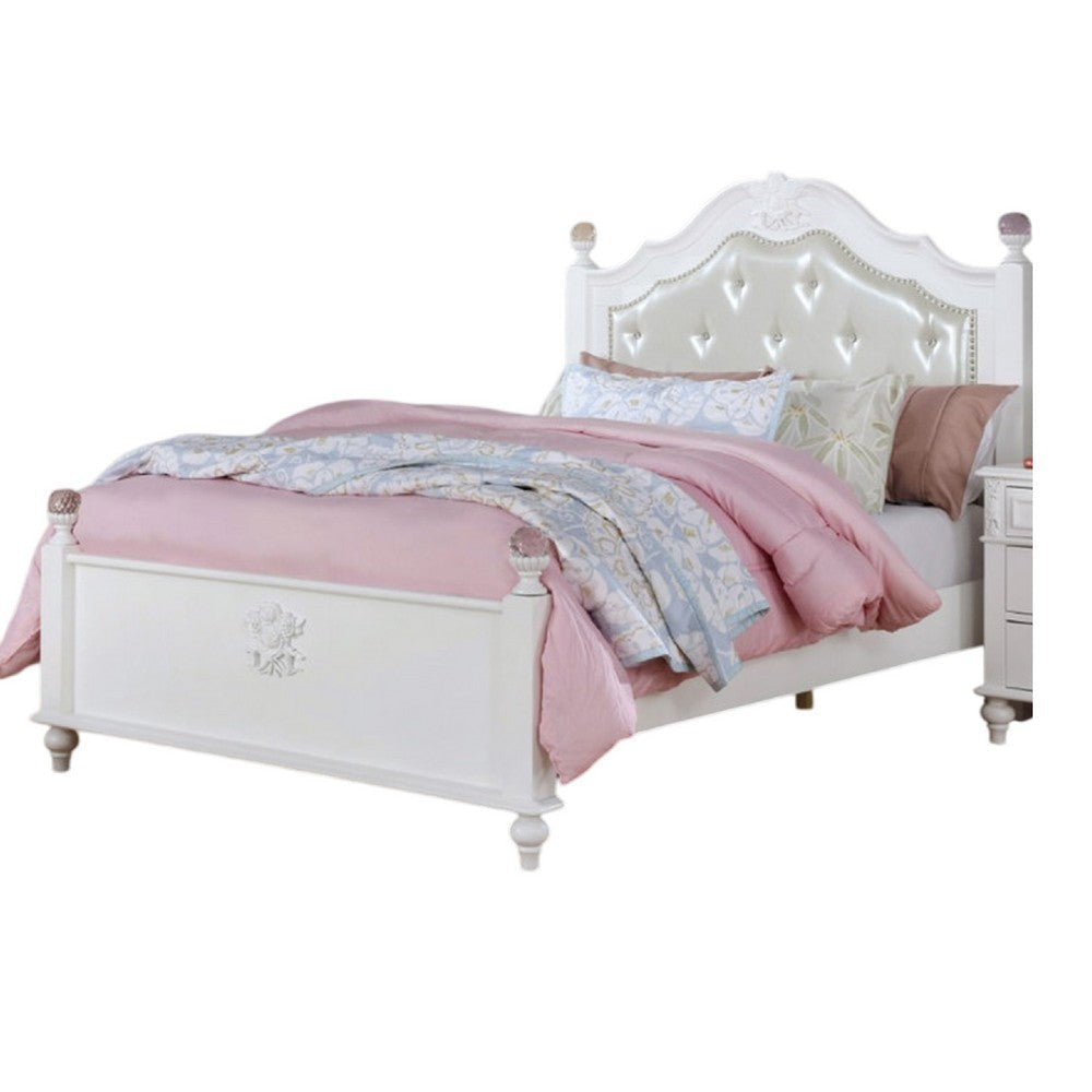 Bela Twin Size Bed w Button Tufted Headboard | White Faux Leather BM342460