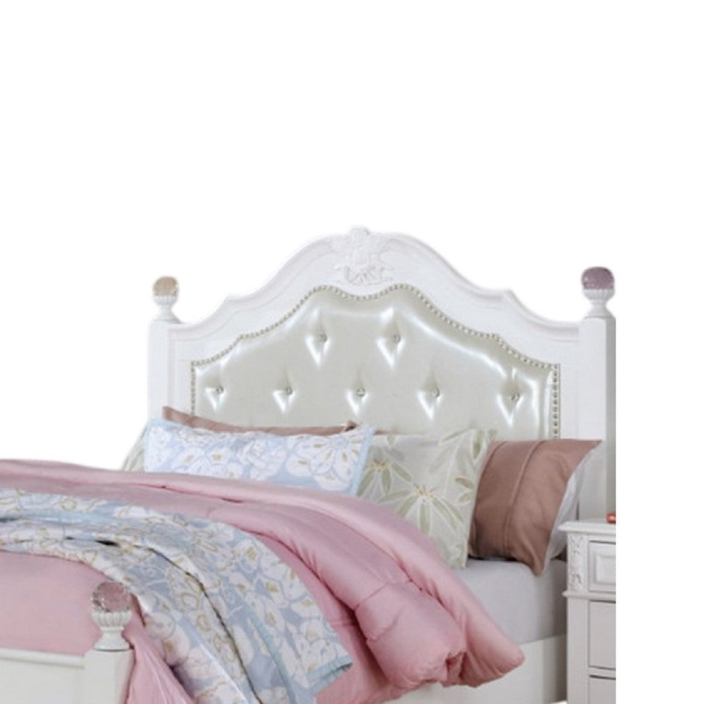 Bela Twin Size Bed w Button Tufted Headboard | White Faux Leather BM342460