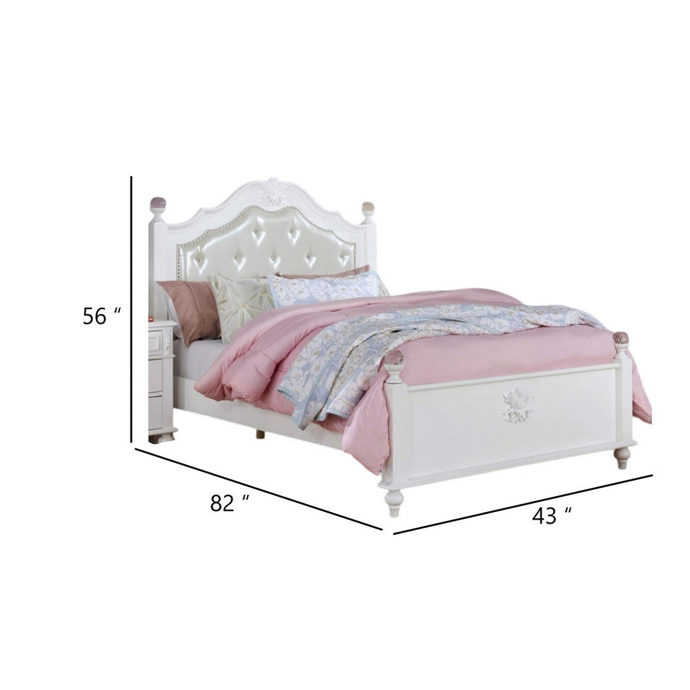 Bela Twin Size Bed w Button Tufted Headboard | White Faux Leather BM342460