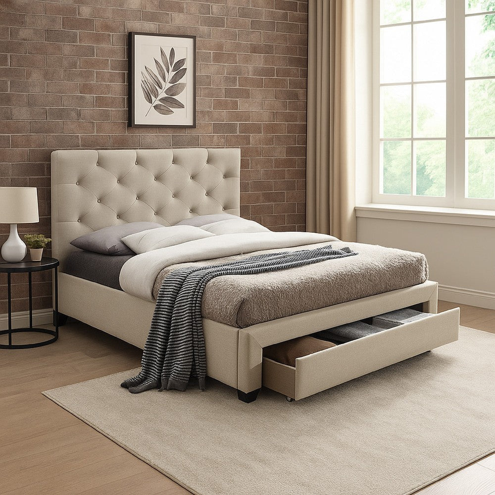 Sya Full Size Bed w Button Tufted Upholstery | Underbed Storage | Beige BM342465