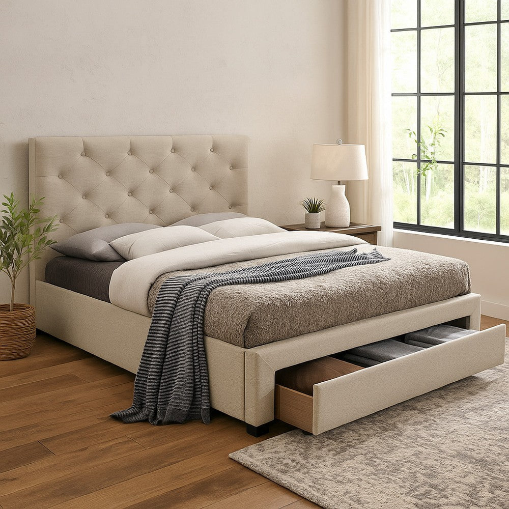 Sya Queen Size Bed w Button Tufted Upholstery | Underbed Storage | Beige BM342466