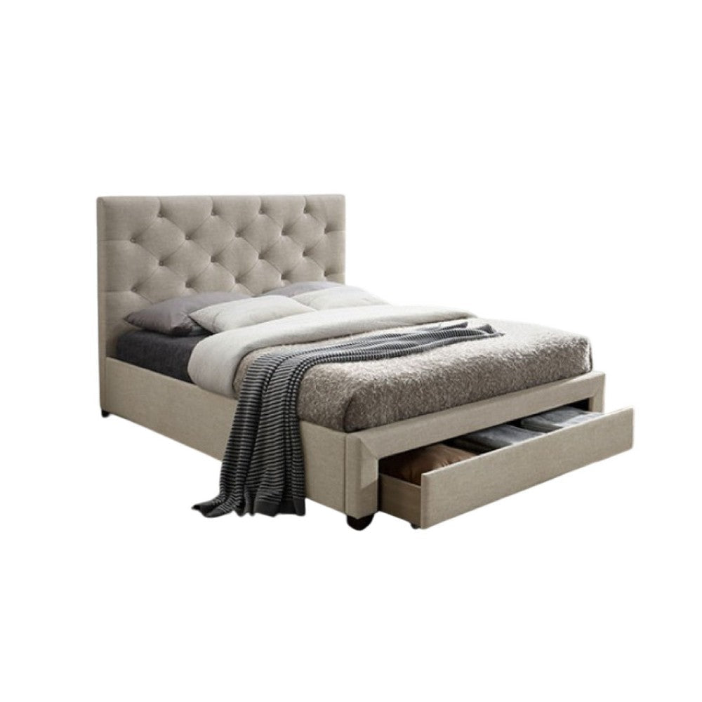 Sya Queen Size Bed w Button Tufted Upholstery | Underbed Storage | Beige