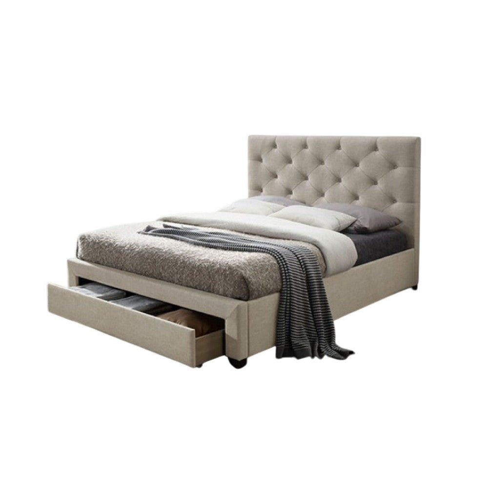Sya Twin Size Bed w Button Tufted Upholstery | Underbed Storage | Beige BM342467