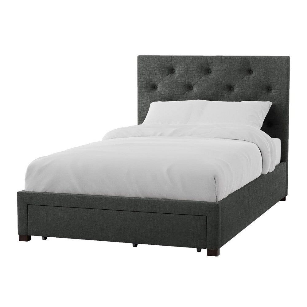 Sya Queen Size Bed w Tufted Upholstery | Underbed Storage | Dark Gray