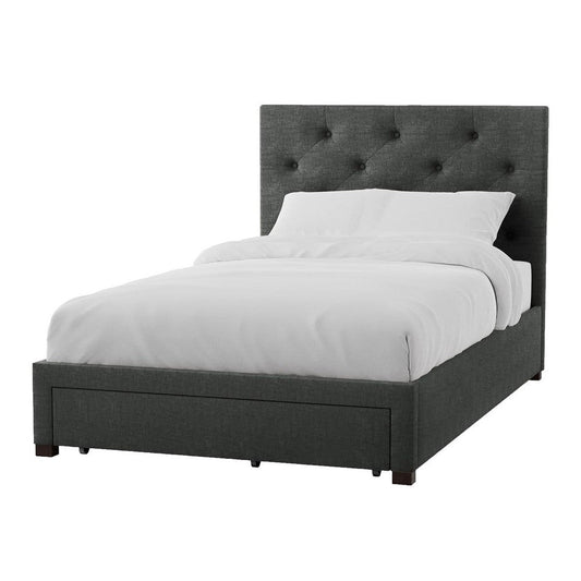 Sya Twin Size Bed w Tufted Headboard | Underbed Storage | Dark Gray