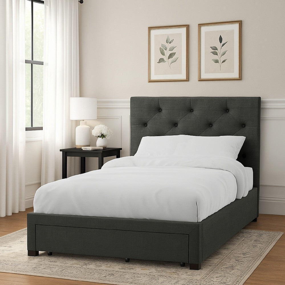 Sya Twin Size Bed w Tufted Headboard | Underbed Storage | Dark Gray BM342470