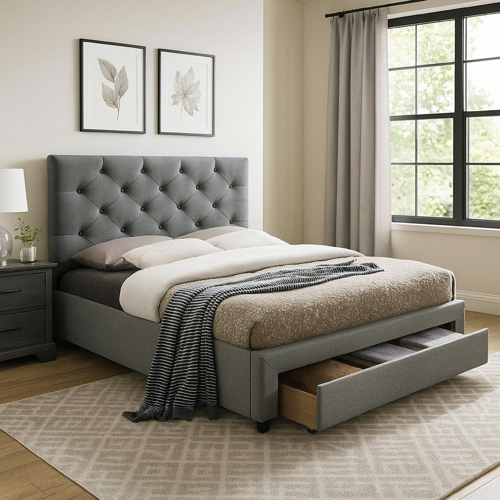 Sya King Size Bed w Button Tufted Upholstery | Underbed Storage | Gray BM342472