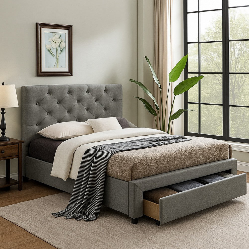 Sya Twin Size Bed w Button Tufted Upholstery | Underbed Storage | Gray BM342475