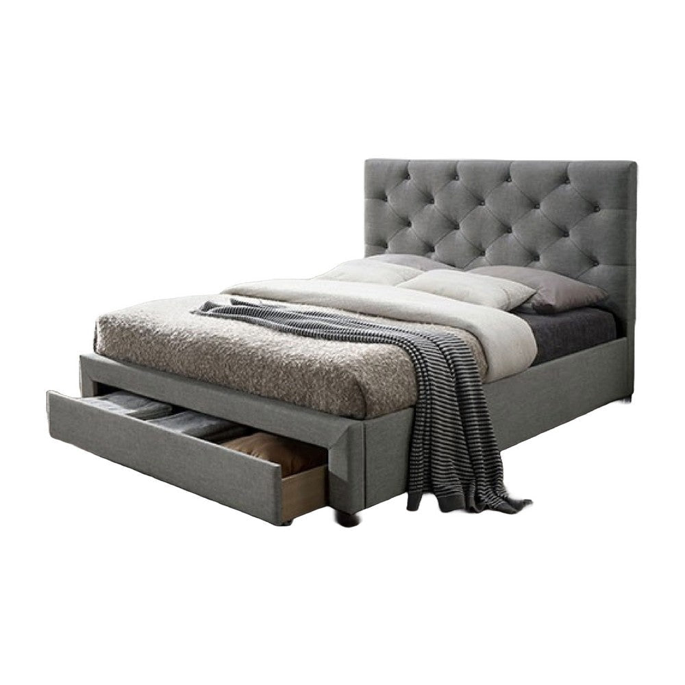Sya Twin Size Bed w Button Tufted Upholstery | Underbed Storage | Gray