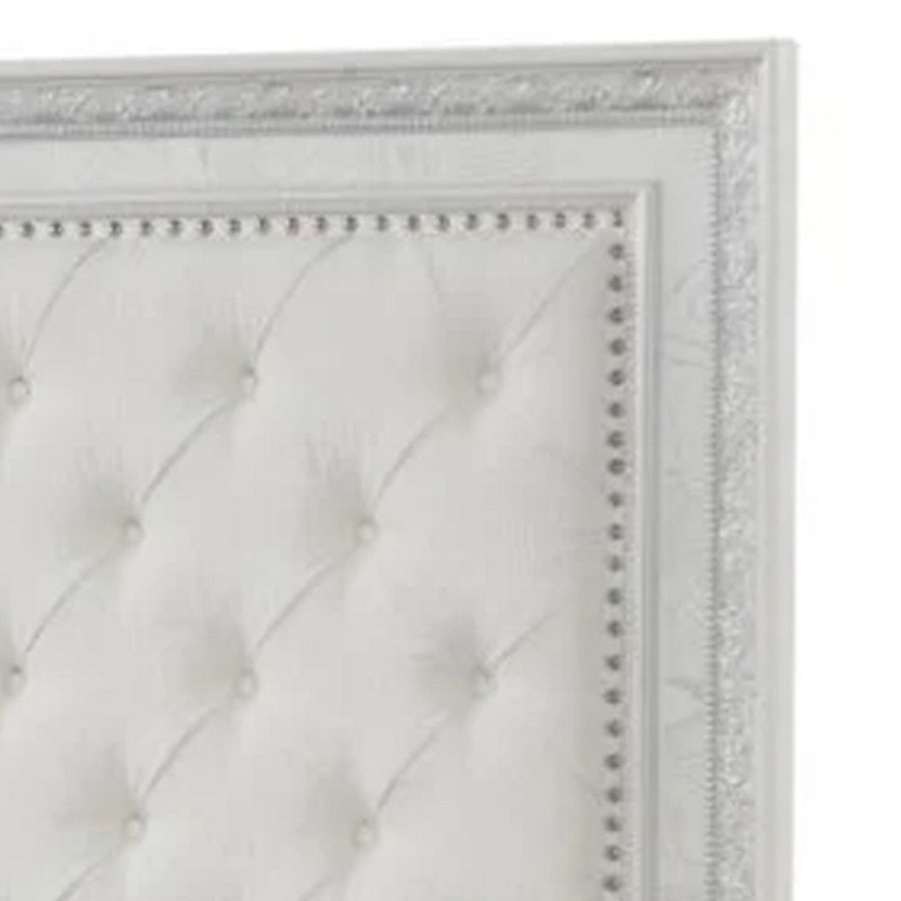Miamy King Bed | Creamy White Wood | Tufted Upholstery | Silver Accents BM342476