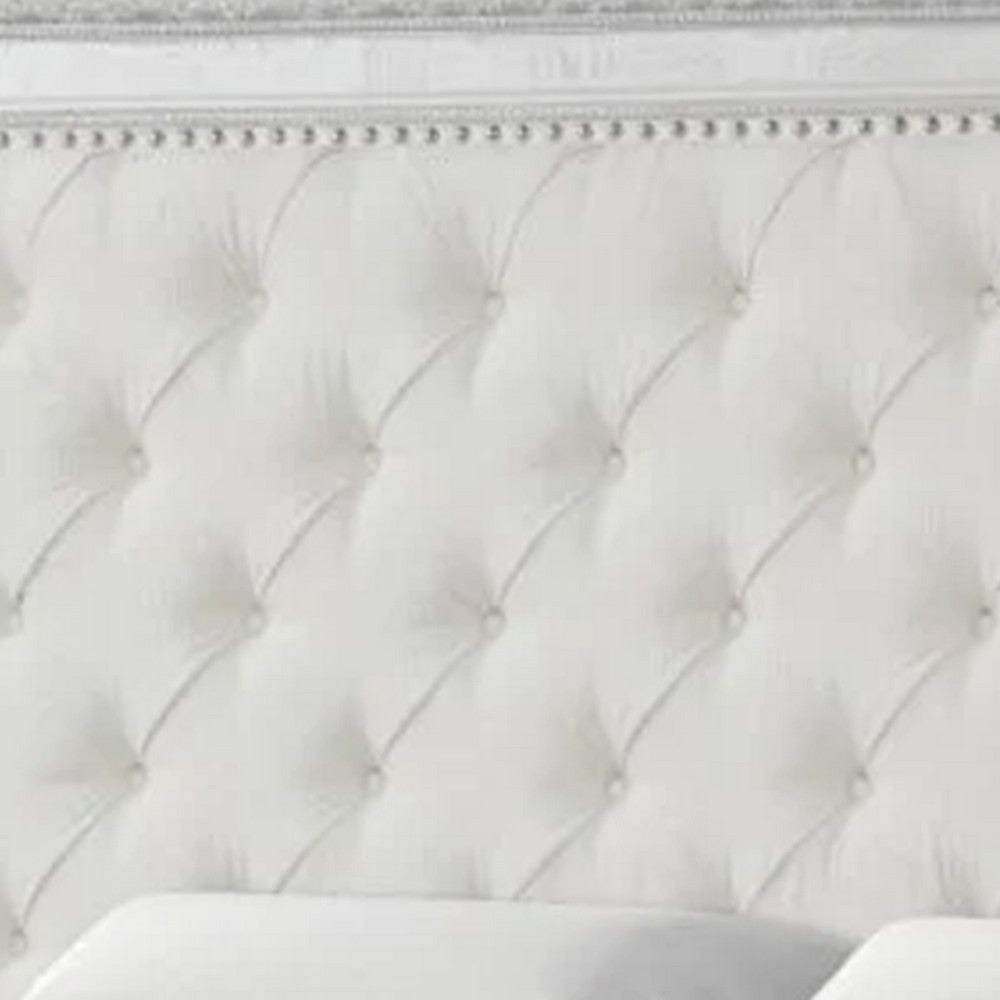 Miamy King Bed | Creamy White Wood | Tufted Upholstery | Silver Accents BM342476