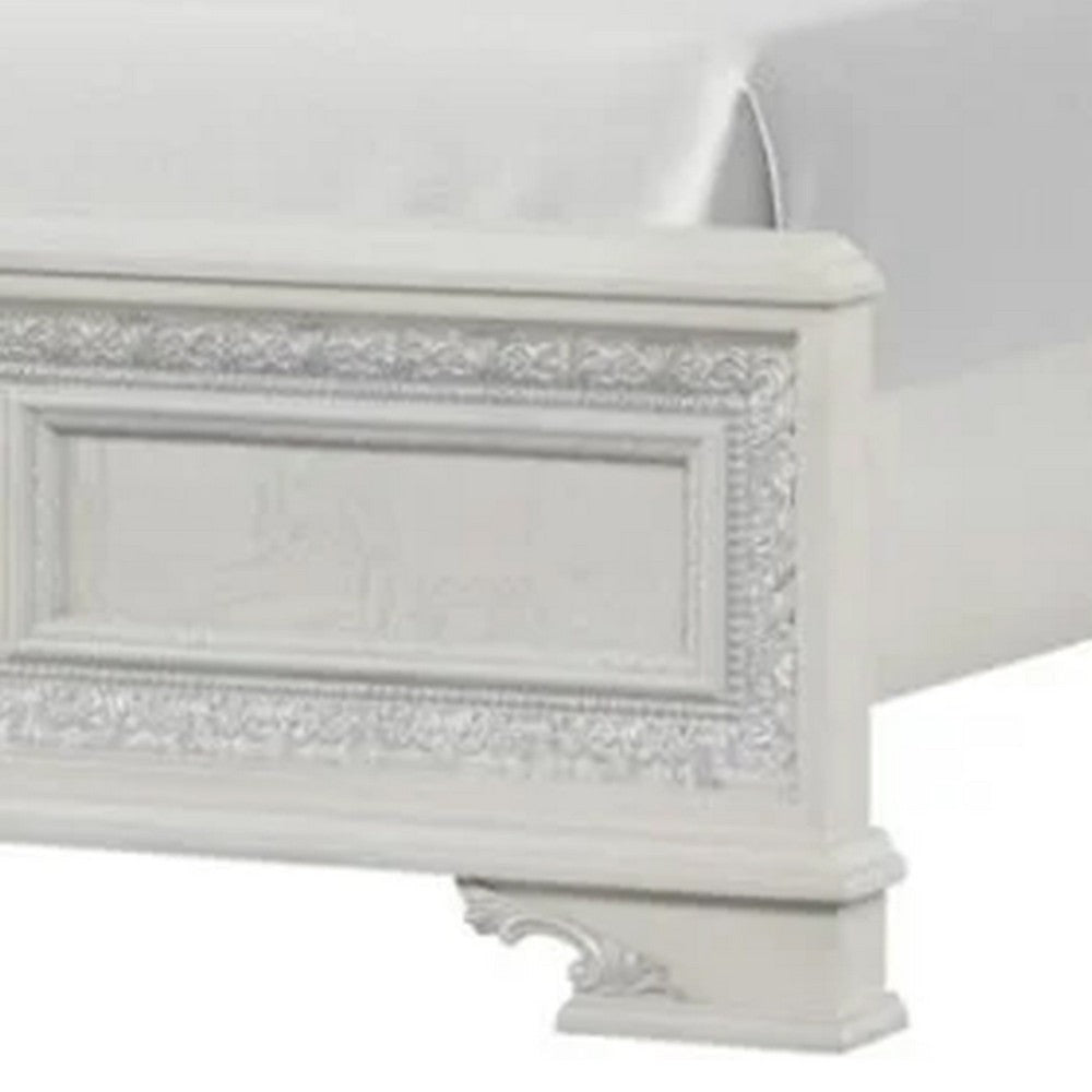 Miamy King Bed | Creamy White Wood | Tufted Upholstery | Silver Accents BM342476