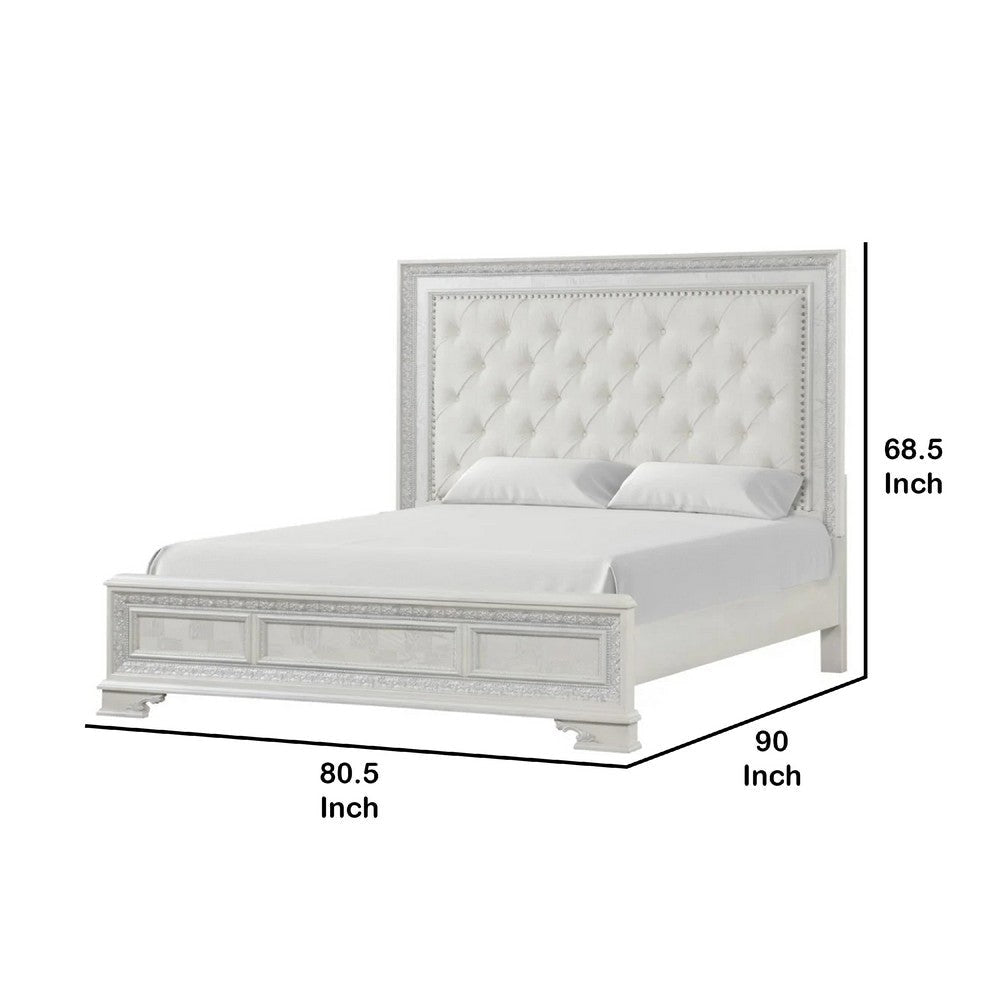 Miamy King Bed | Creamy White Wood | Tufted Upholstery | Silver Accents BM342476
