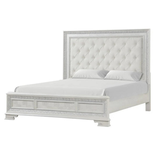 Miamy King Bed | Creamy White Wood | Tufted Upholstery | Silver Accents