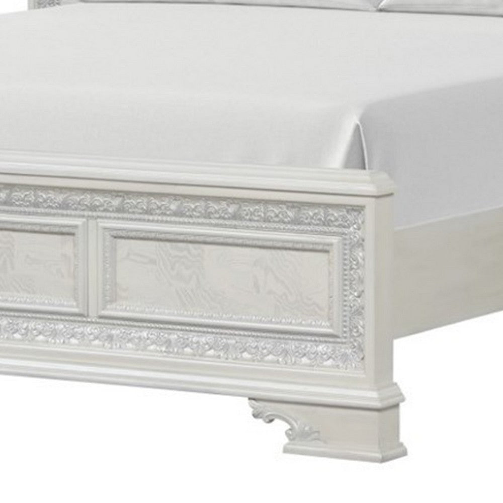 Miamy King Bed | Creamy White Wood | Panel Design | Silver Brushed Accents BM342477