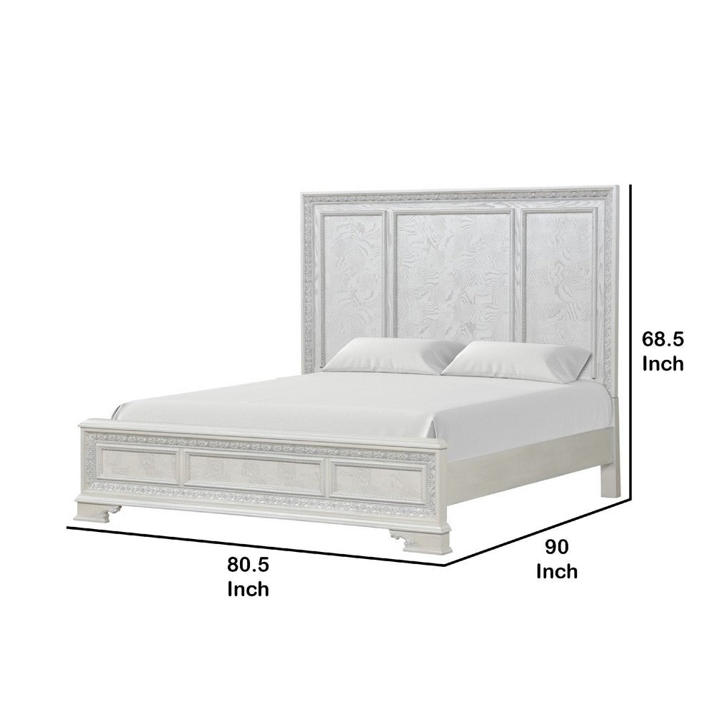 Miamy King Bed | Creamy White Wood | Panel Design | Silver Brushed Accents BM342477