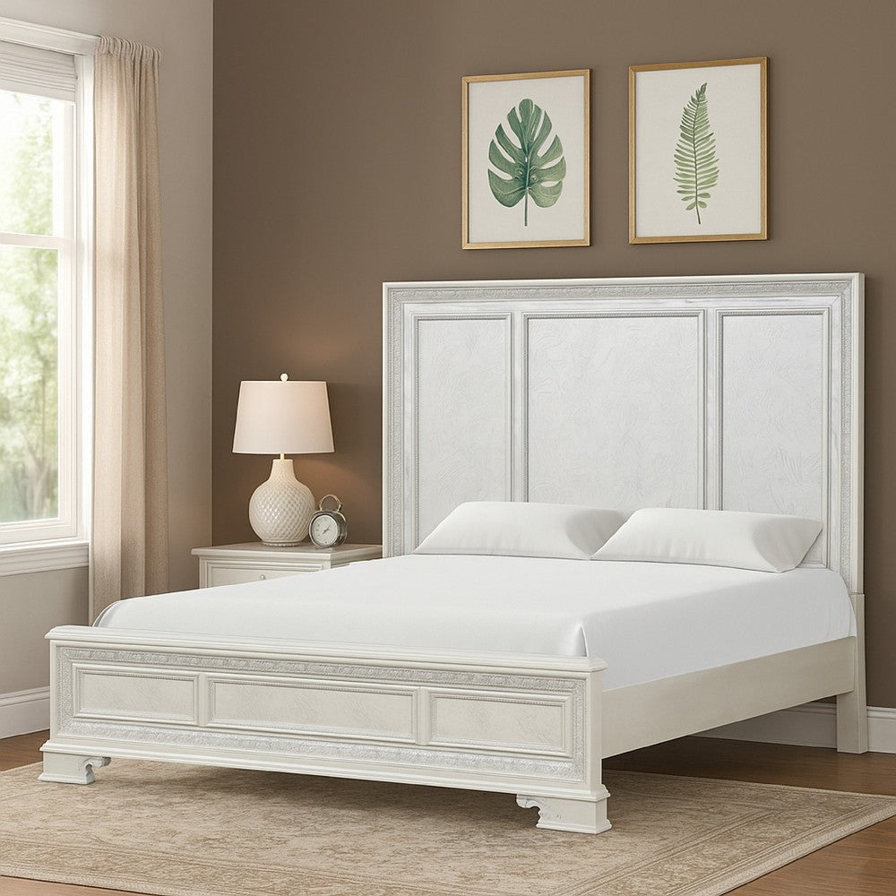 Miamy King Bed | Creamy White Wood | Panel Design | Silver Brushed Accents BM342477