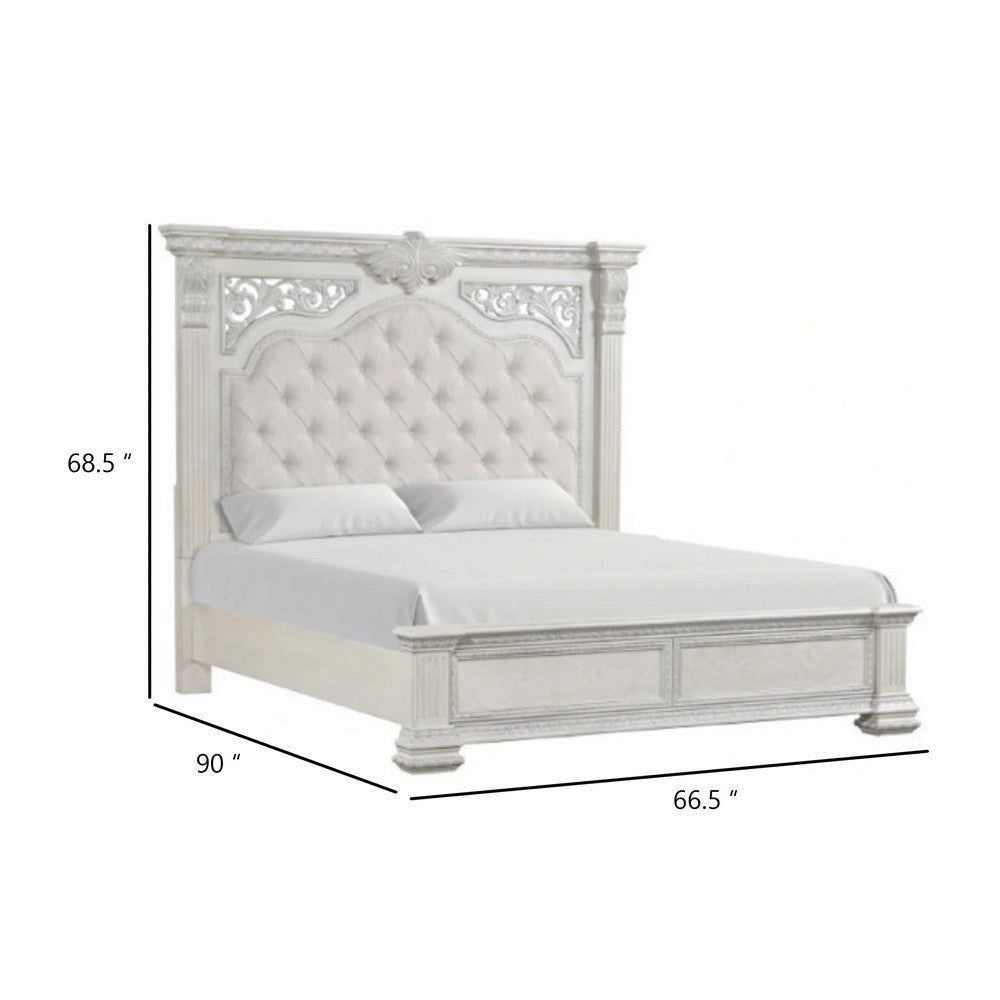 Miamy Queen Bed | Creamy White Wood | Panel | Silver Brushed Accents BM342478