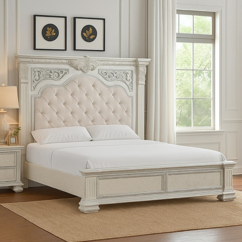 Miamy Queen Bed | Creamy White Wood | Panel | Silver Brushed Accents BM342478