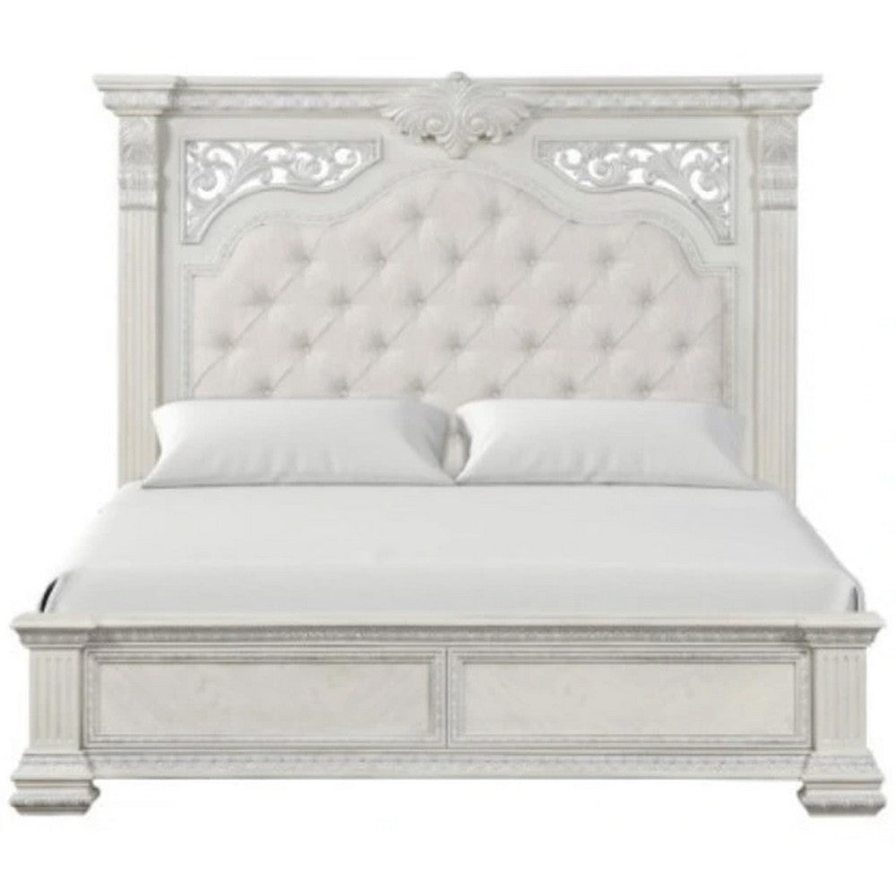 Naddy King Bed | Pleated Upholstery | Moldings on Wire Brushed White Wood BM342480