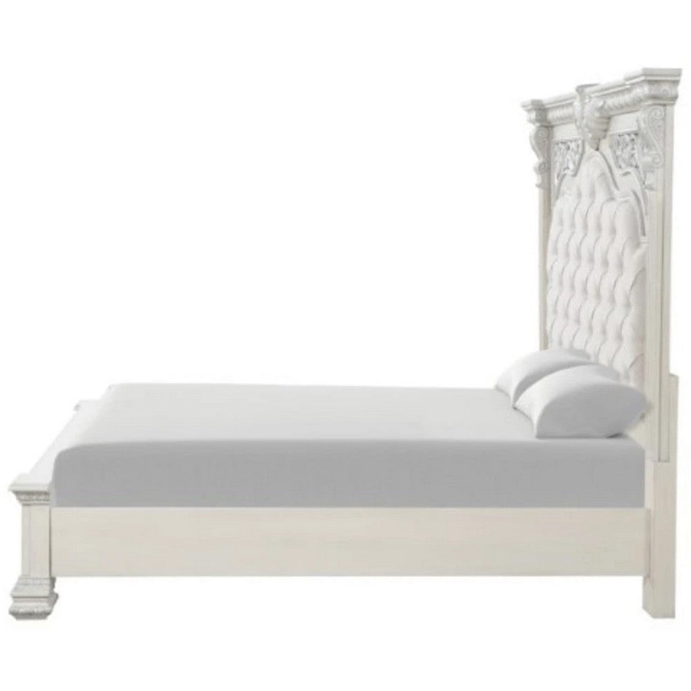 Naddy King Bed | Pleated Upholstery | Moldings on Wire Brushed White Wood BM342480