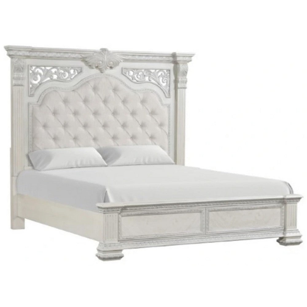 Naddy King Bed | Pleated Upholstery | Moldings on Wire Brushed White Wood