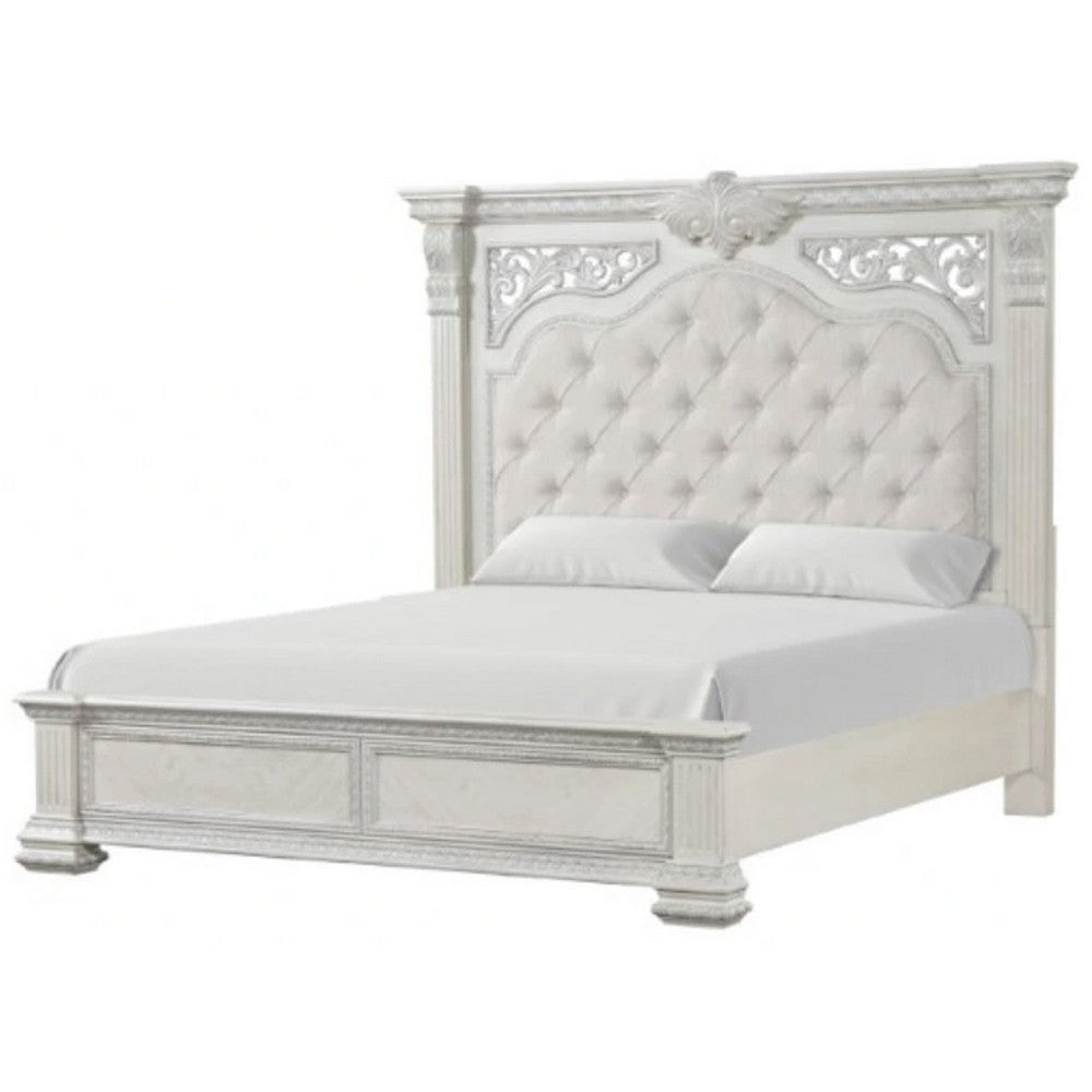 Naddy King Bed | Pleated Upholstery | Moldings on Wire Brushed White Wood BM342480