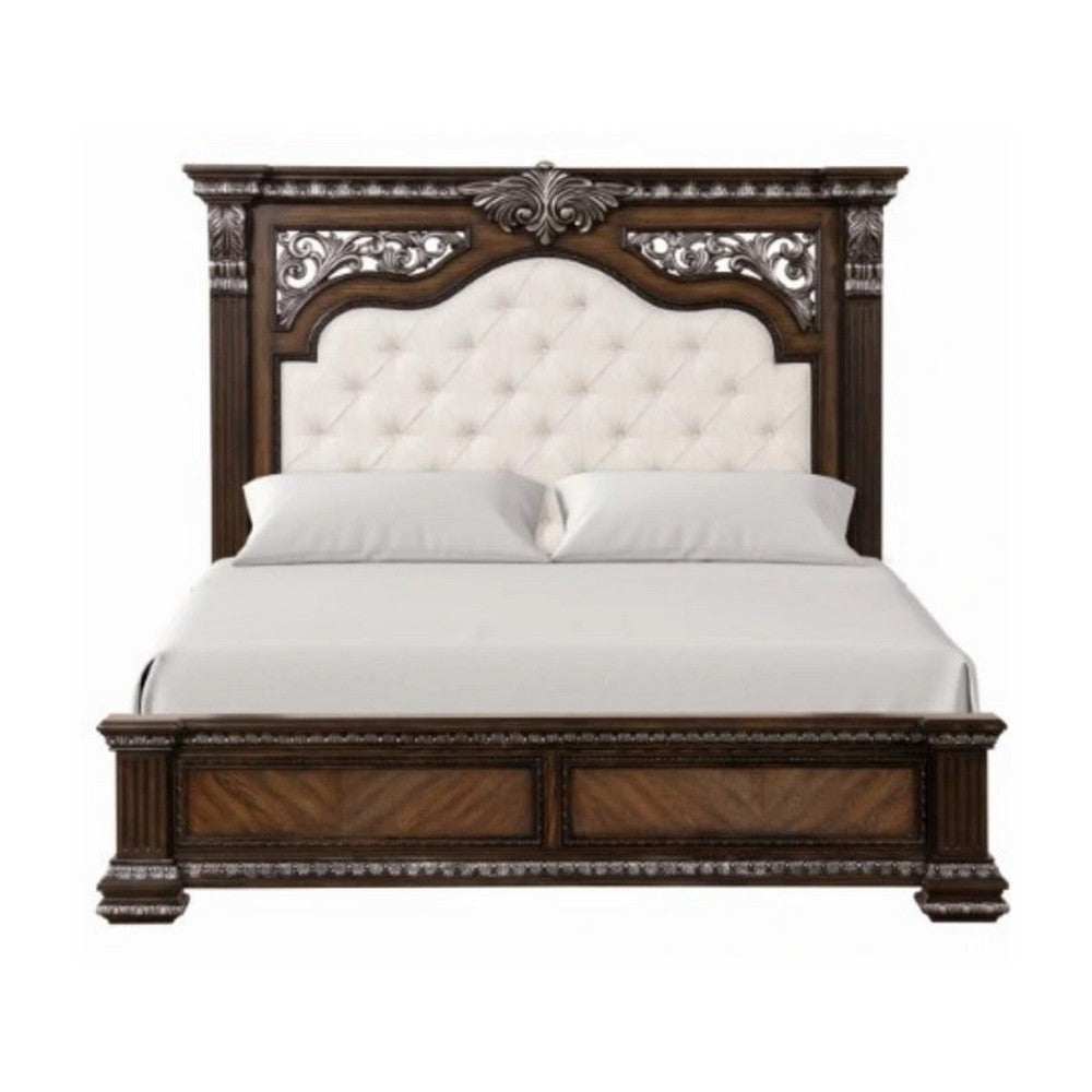 Naddy Queen Bed | White Fabric Pleated Upholstery | Espresso Brown Wood BM342482