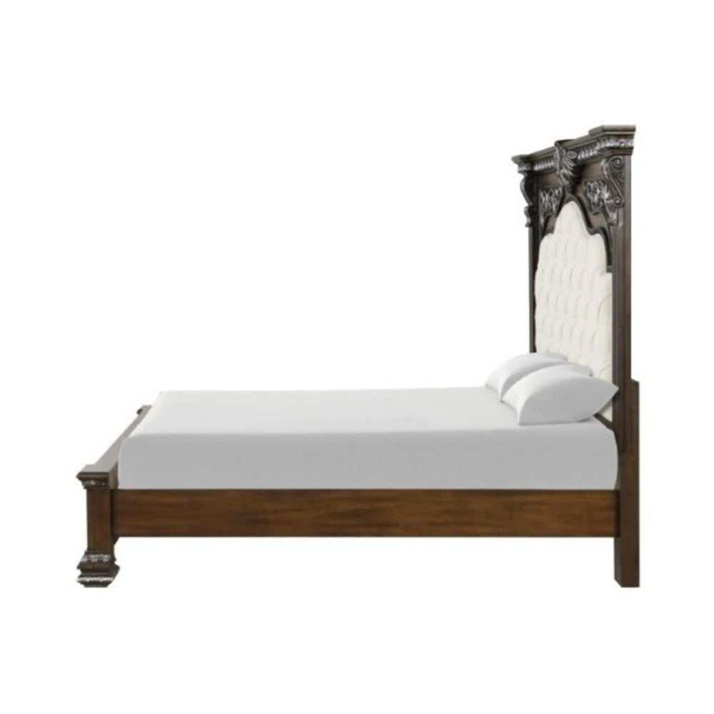 Naddy Queen Bed | White Fabric Pleated Upholstery | Espresso Brown Wood BM342482